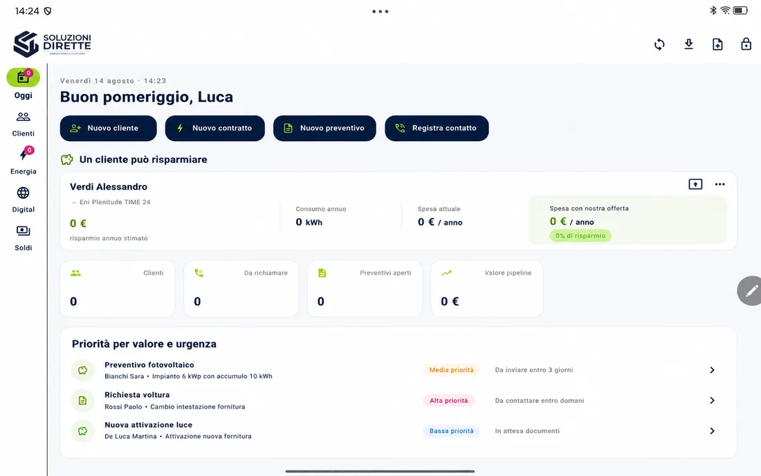 Schermata dell'app CRM Soluzioni Dirette