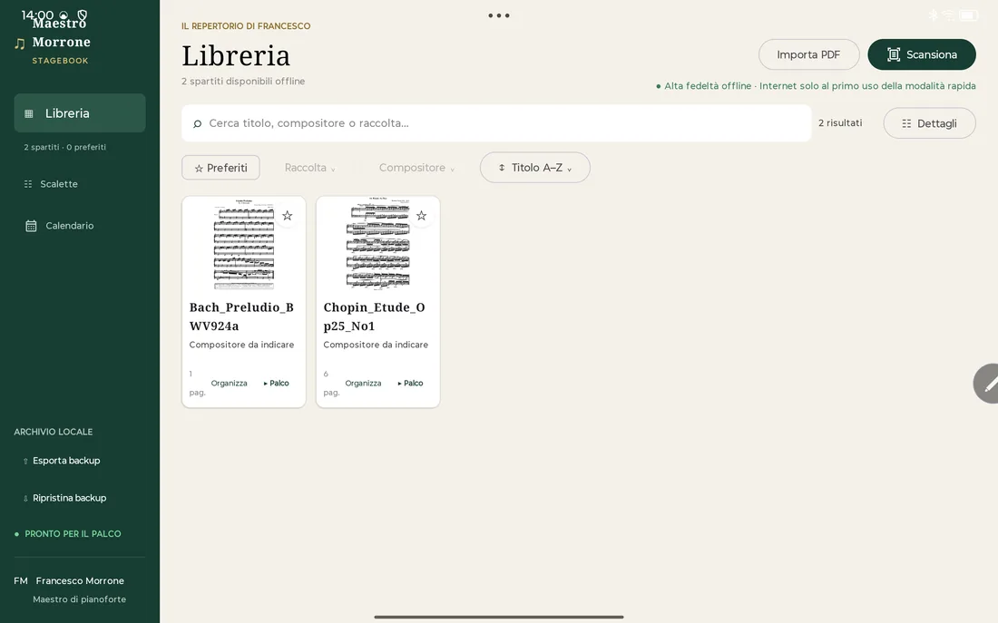 Schermata dell'app Maestro Morrone StageBook
